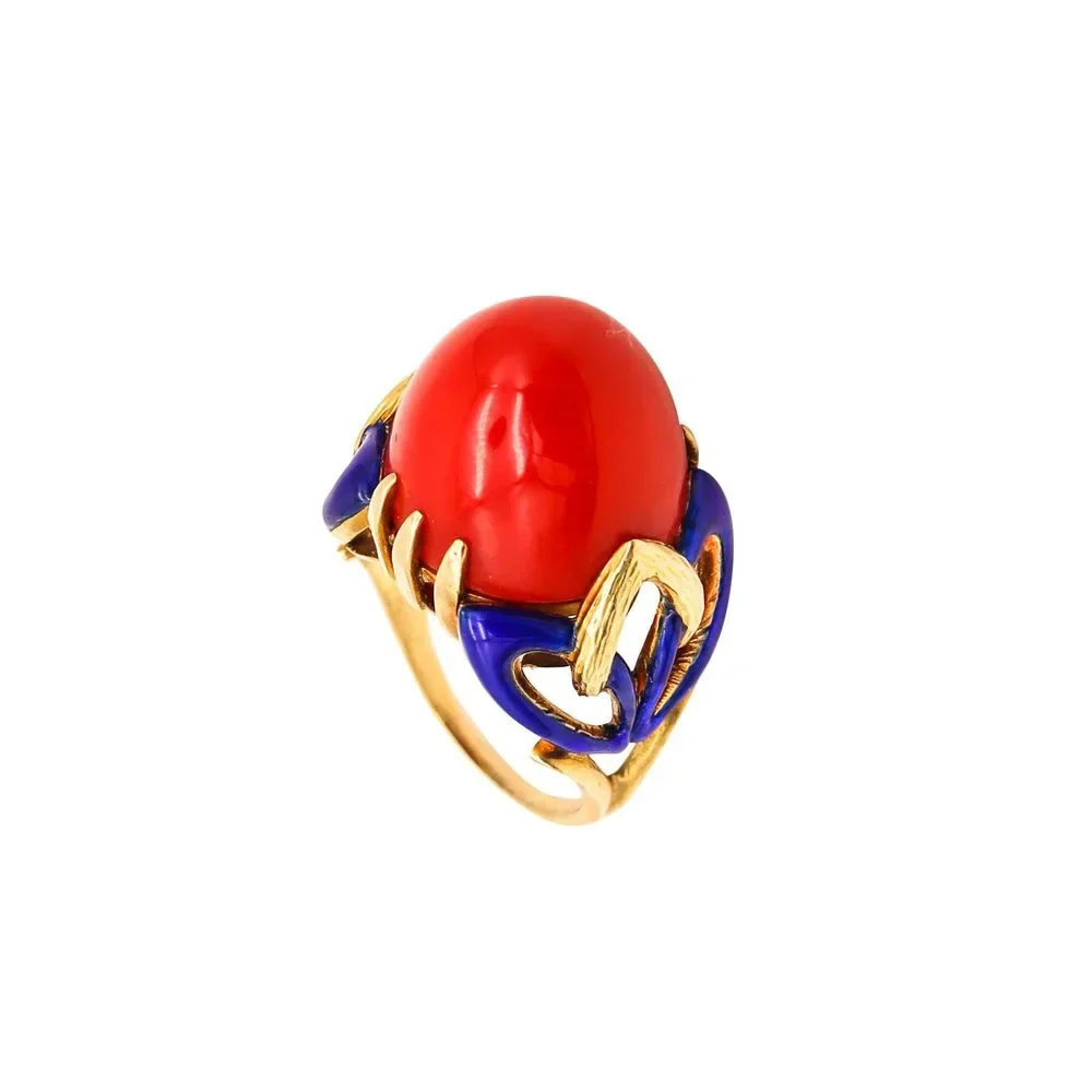 Art Deco 1930 Enamelled Cocktail Ring 18Kt Red Ox Blood Coral - Picture 5 of 7